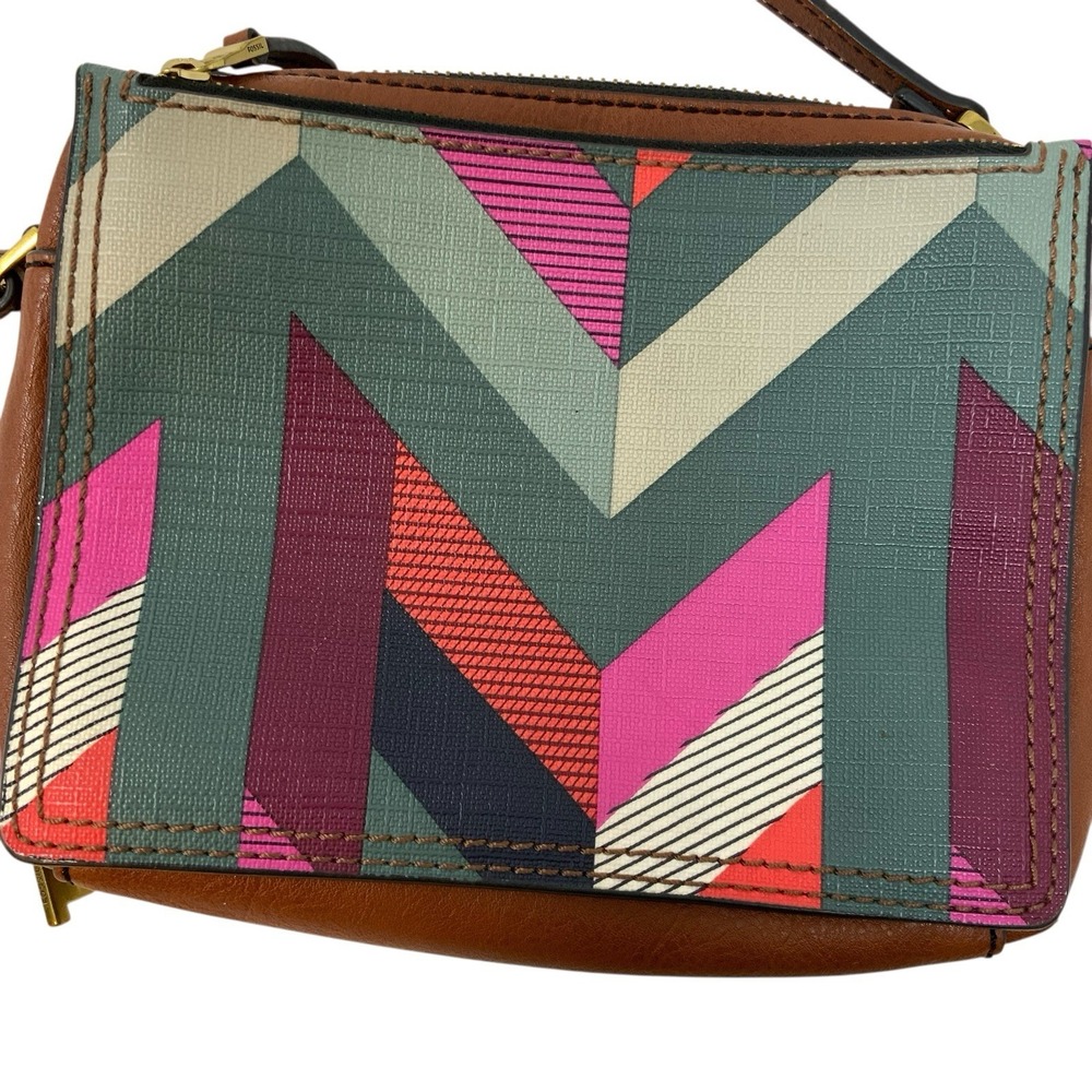 Fossil Crossbody Leather Trim Coated Canvas Chevron Campbell Purse Organize‎ - Picture 3 of 16